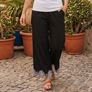 Midnight Sky Black Linen Blend Wide Leg Crop Pants White Lace Hem, Large Lagen